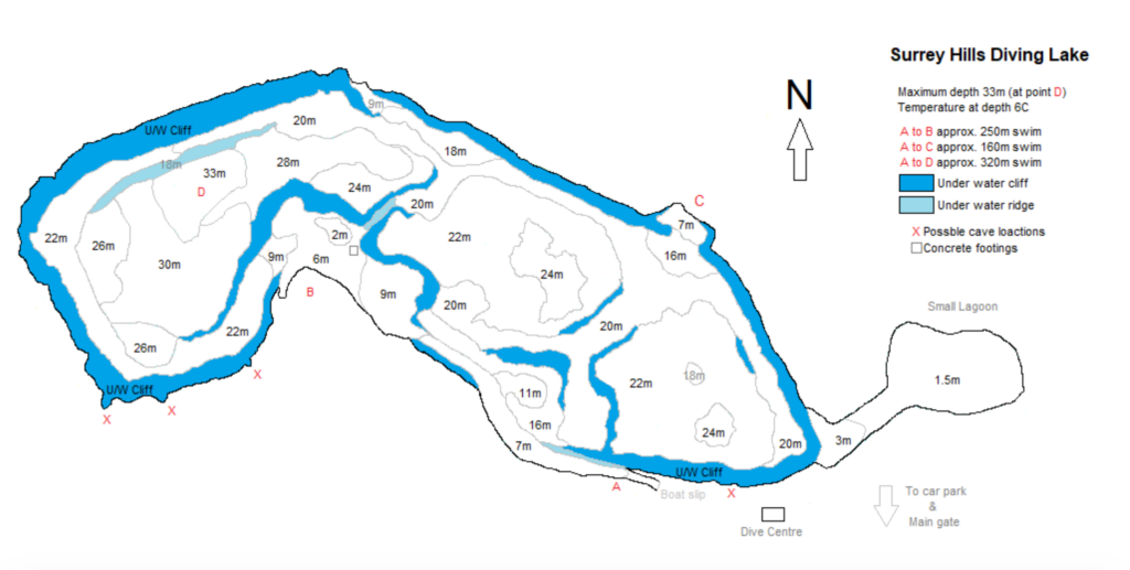 Underwater site map of tapwood lake. Relevant for anyone scuba diving in the lake.